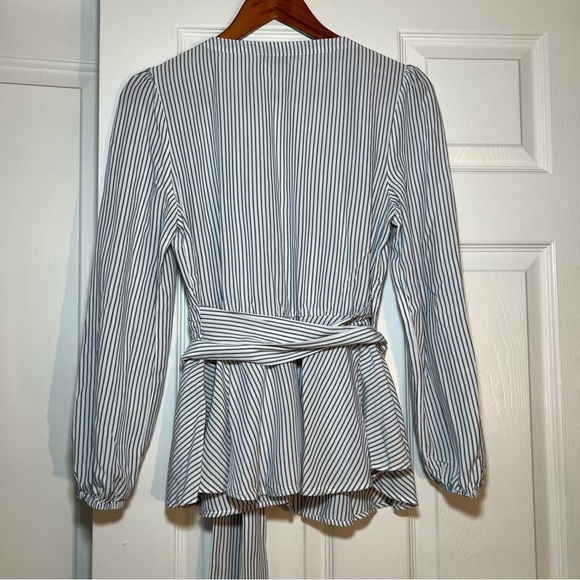 LOFT Long Balloon Sleeve Blue/Gray & White Striped Wrap Shirt V-Neck - Picture 3 of 6